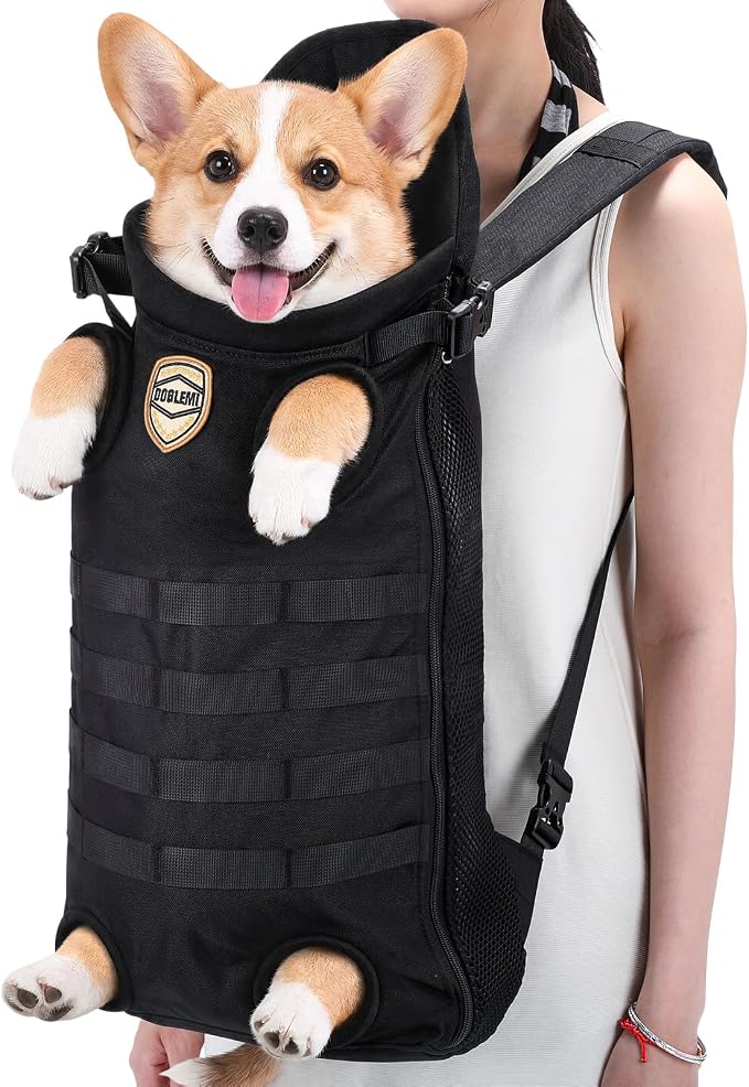 Dog Carrier Tactical Backpack for Medium Large 26-40lbs, Dog Soft Hands-Free Legs Out Pet Cat Front Carrier Backpack Facing Travel Bag for Outdoor Traveling Hiking Camping Bike(Black)