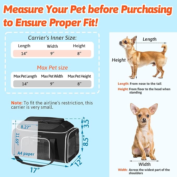 Top-Expandable Small Pet Carrier with Wheels Airline Approved | 17"x12"x8.5", for JetBlue/Frontier/Spirit Airlines, Lockable Safety Zippers and Anti-Scratch Mesh, Pets Under 8 Lbs, Black
