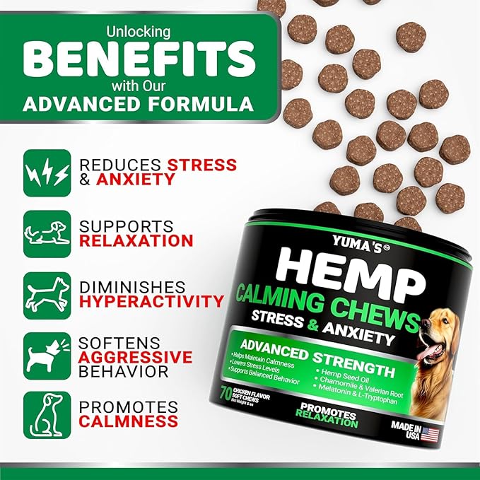 Advanced Calming Chews for Dogs - Hemp Dog Calming Chews - Anxiety Relief Treats with Melatonin, Hemp Oil - Separation Aid, Stress, Hip and Joint Supplement for Canine Health Support - Made in USA