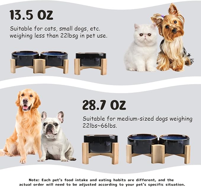 SPUNKYJUNKY 15° Slanted Ceramic Dog and Cat Bowl with Wooden Stand, Tilted Bulldog Food and Water Bowl No Slip Non-Spill for Cats Medium Dogs Big Face Pets 28.7 OZ (3.6 Cups, Starry Blue × 2)