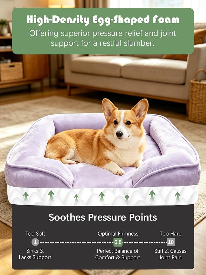 Spotted Play Orthopedic Dog Bed with Sides - Sofa Beds for Medium Dogs, Supportive Foam Pet Couch Bed with Washable Removable Cover, Waterproof Lining and Non-Slip Bottom, Purple - M