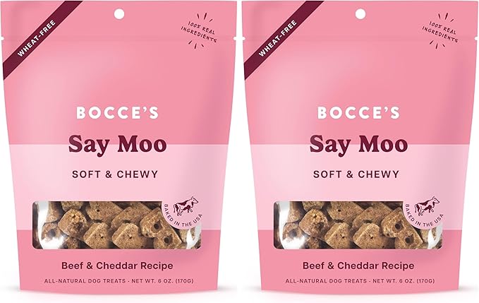 Bocce's Bakery Oven Baked Say Moo Treats for Dogs, Wheat-Free Everyday Dog Treats, Made with Real Ingredients, Baked in The USA, Natural Soft & Chewy Cookies, Beef & Cheddar Recipe, 6 oz (Pack of 2)