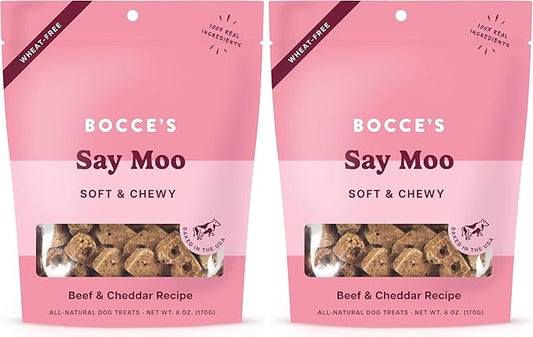 Bocce's Bakery Oven Baked Say Moo Treats for Dogs, Wheat-Free Everyday Dog Treats, Made with Real Ingredients, Baked in The USA, Natural Soft & Chewy Cookies, Beef & Cheddar Recipe, 6 oz (Pack of 2)