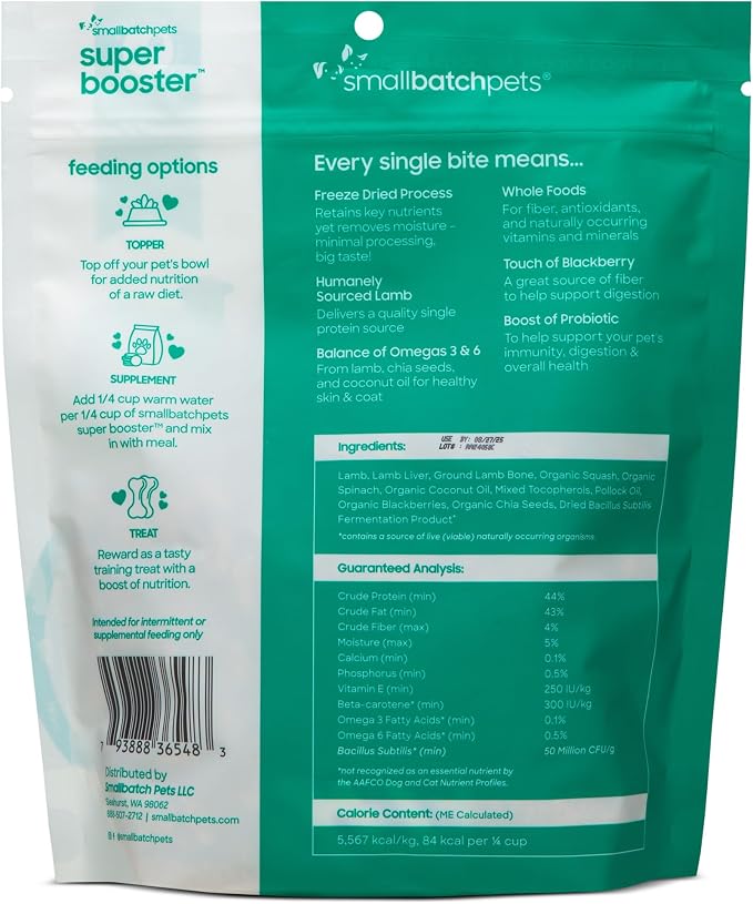 smallbatch Freeze Dried Dog Treats, Superfood Food Topper Lamb Bites for Dogs & Cats, Probiotics, Organic Ingredients, High Protein, Grain Free Healthy Treat or Food Topper, Made in the USA, 7 oz Bag