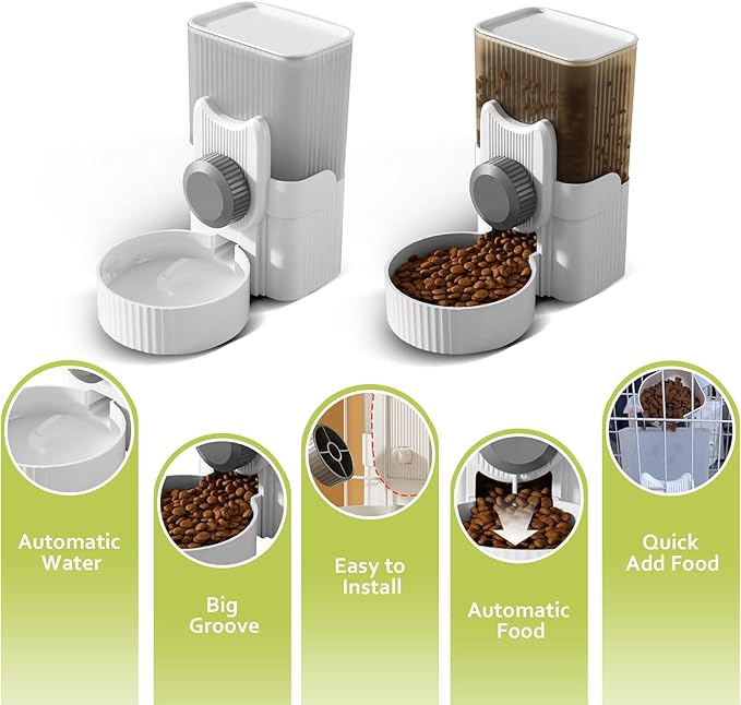 Hanging Cage Automatic Small Pet Food Bowl Water Bottle Dispenser, 1L Auto Gravity Pet Feeder and Waterer Set Kennel Feeding Station Crate Feeder Dish for Rabbit Puppy Cats Ferret (Grey)