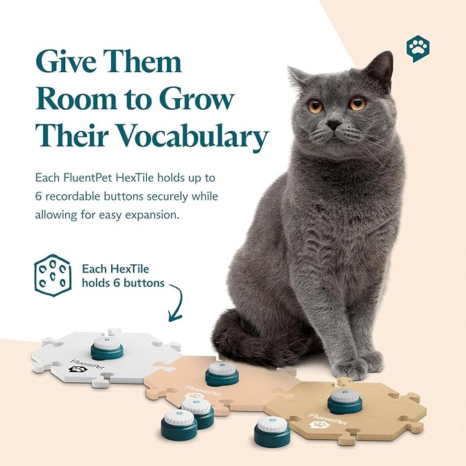 Speak Up Get Started Kit with Clearer Upward-Facing Sound - 6 Recordable Buttons for Dogs & 3 Beige HexTiles | Dog & Cat Communication Buttons Set | with Batteries