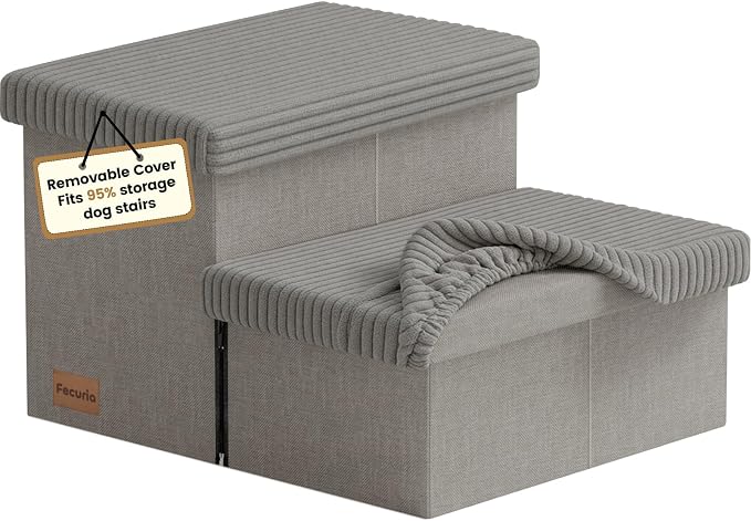2-Step Wide Dog Stairs 11" H with Removable Cover, Non-Slip Sturdy Pet Steps for Couch Chair, Dog Steps for Small Old Dogs, Cats, Rabbits Up to 150lbs, Foldable Cat Puppy Stairs for Car, Grey