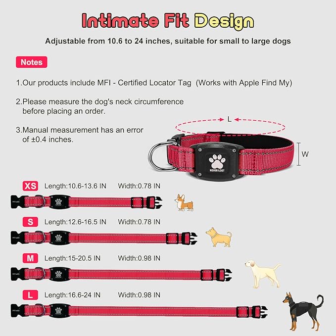 GPS Dog Collar Tracker 2-in-1,Reflective Waterproof Pet Collar,iOS-Only,No Monthly Fees,Unlimited Range,Dog Tracking Collar Pet Tracker,for Small Medium Large Dogs(XS (10.6"-13.6"), Red)