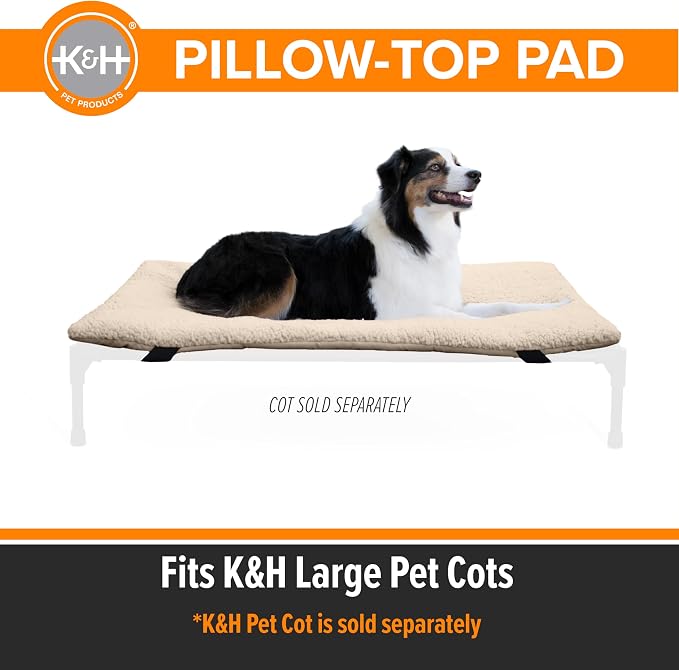K&H Pet Products Dog Cot Pad (Cot Sold Separately), Pillow-Top Comfort Bed for K&H Large Elevated Dog Beds, Soft & Fluffy, Secure Fit Straps, Machine Washable, Portable - Large 42 X 30in Tan Fleece