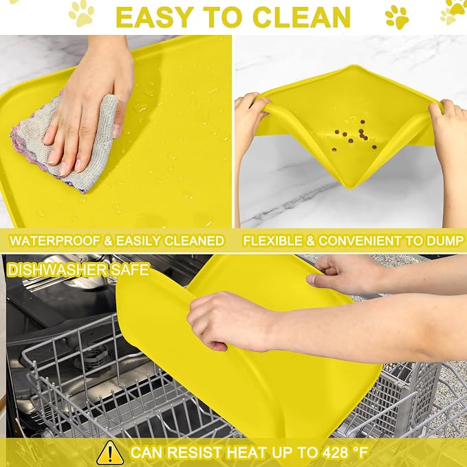 SMILOOL Waterproof Silicone Pet Food Mat with Raised Edge for Dog & Cat | 19" x 12" Non-Slip Pet Feeding Mats with Lip for Food & Water Bowl, Food Grade, Easy Cleaning, Light Yellow