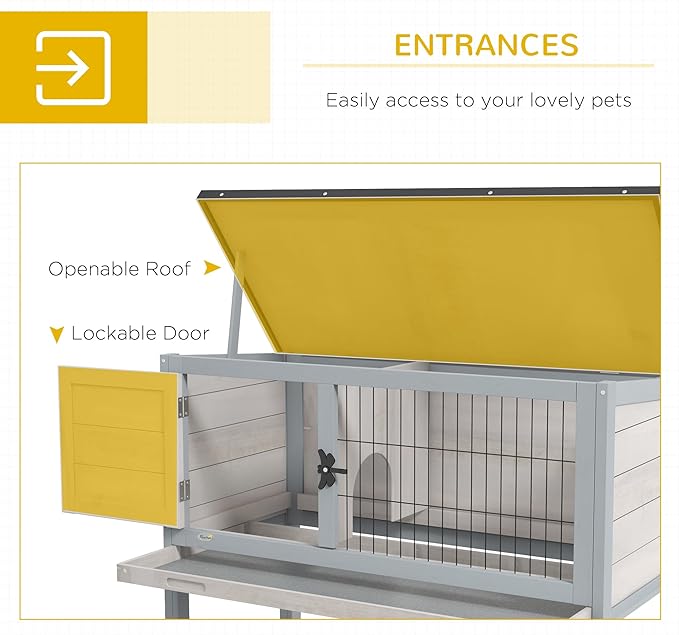 PawHut Elevated Wooden Rabbit Hutch, Indoor/Outdoor Bunny Cage with Hinged Asphalt Roof and Removable Tray for Guinea Pig, Light Gray