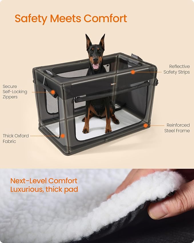 Feandrea Collapsible Dog Crate, Portable Oxford Fabric Pet Carrier, 48-Inch | For Extra Large Dogs, 4 Mesh Doors, Handles, Storage Pocket, Water Bottle Holder, Black and Gray BAX Collection UPDC022BH01