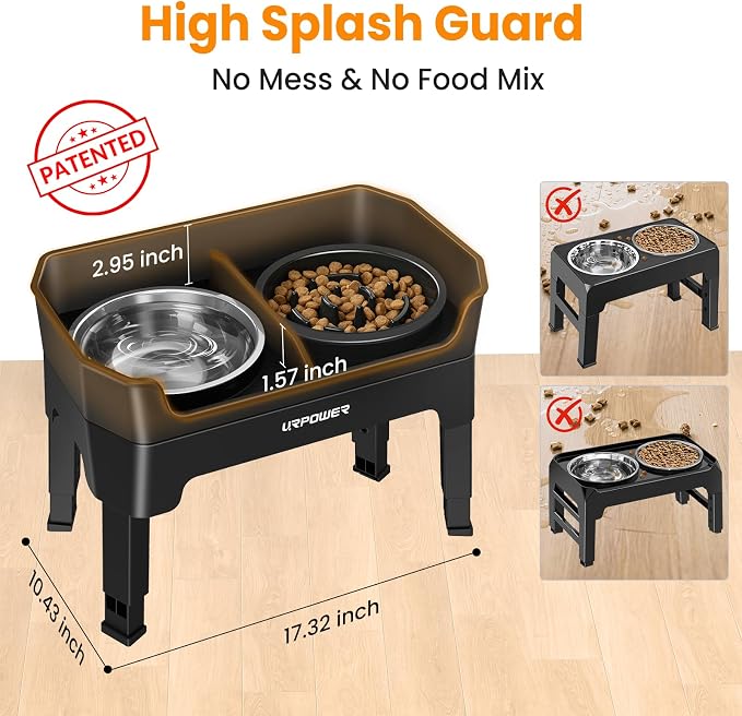 URPOWER 3-in-1 Elevated Dog Bowls - Mess Proof Double Deck 4 Height Adjustable Raised Stand with Stainless Steel Bowl & Slow Feeder & Licking Plate for Small, Medium & Large Dogs