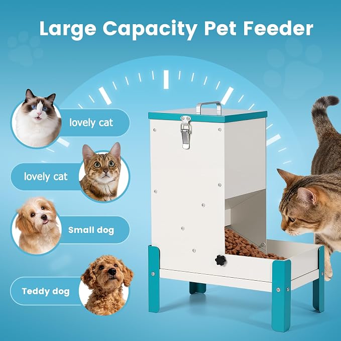 Automatic Cat Feeder, Elevated Dog Bowl Food Dispenser Gravity | 10L Galvanized Automatic Dog Feeder Elevated Cat Feeder Removable Feeding Tray Raised Pet Feeder for Dogs and Cats