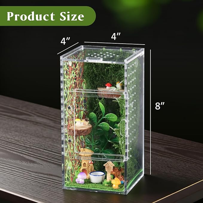 Jumping Spider Enclosure Kit, Small Acrylic Reptile Terrarium with Magnetic Door, Bug Habitat with 30 Pcs Jumping Spider Accessories for Tarantula, Mantis, Small Reptiles, 4" x 4" x 8"