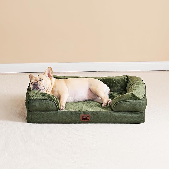 EHEYCIGA Orthopedic Dog Beds for Large Dogs, Waterproof Memory Foam Large Dog Bed with Sides, Non-Slip Bottom and Egg-Crate Foam Pet Couch Bed with Washable Removable Cover, Dark Green | Non-Slip Bottom and Egg-Crate Memory Foam XL Dog Couch Bed with W...