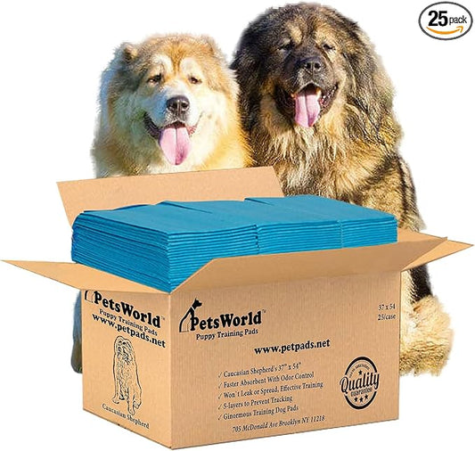 PetsWorld Enormous Dog Pee Pads 37"x54" 25 Count – XXXL Pet Pee Pads for Giant Dogs & Pets, Heavy Duty Leak-Proof Dog Training Pads, Super Absorbent Quick-Dry Potty Pads with Adhesive Tabs