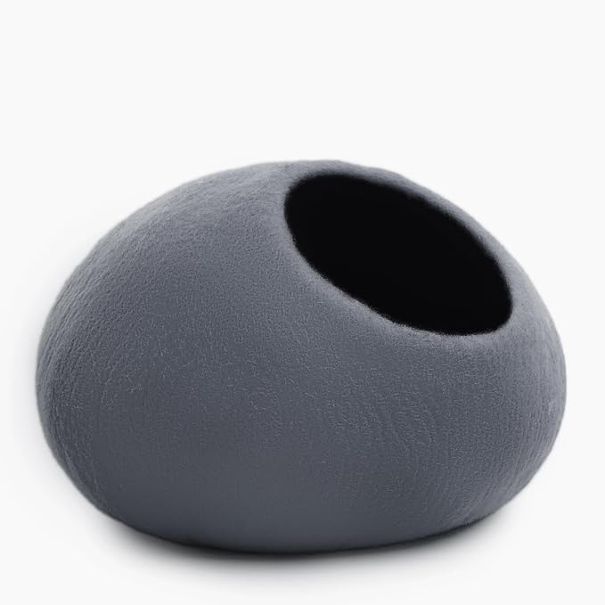 Luxurious Merino Wool Cat Cave - Foldable Hideaway Pod for Indoor Cats - Premium Felt Kitten Pet Enclosure - Covered Cat House for Ultimate Cozy Comfort by Woolygon (Grey Plain)