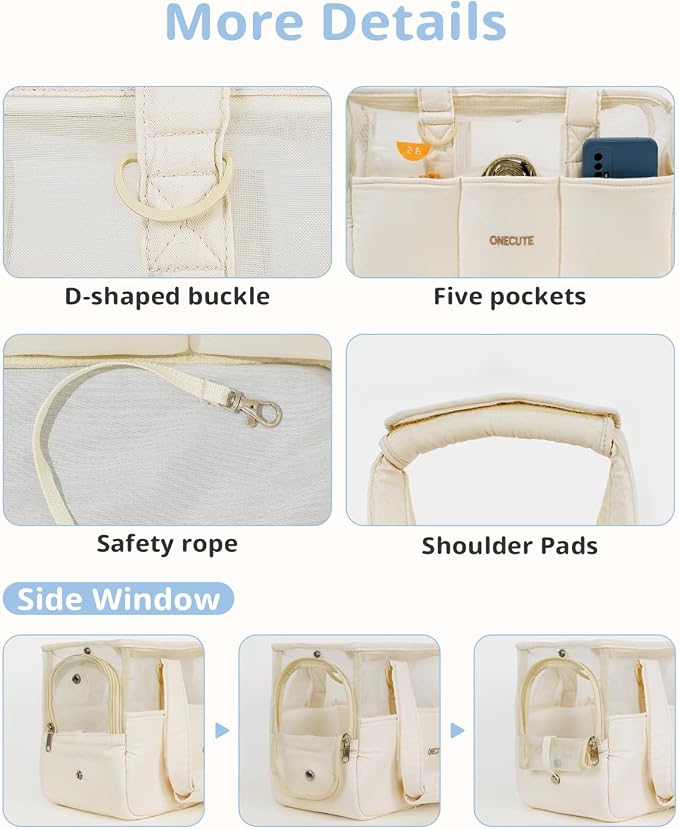ONECUTE Dog Purse Carrier for Small Dogs Rabbit cat with Large Pockets, Cotton Bag, Dog Carrier Soft Sided, Collapsible Travel Puppy Carrier (Beige Breathable, 17.0" L x 7.5" W x 12.0" H)