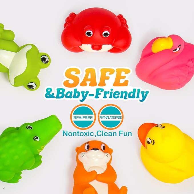 Mold Free Bath Toys for Kids Ages 1-3,6Pcs No Hole River Baby Bath Toys Design Keeps Moisture Out, Toddler Learn Crab Ducks Animal with Soft Squeeze Bathtub Toys,Pool Toy