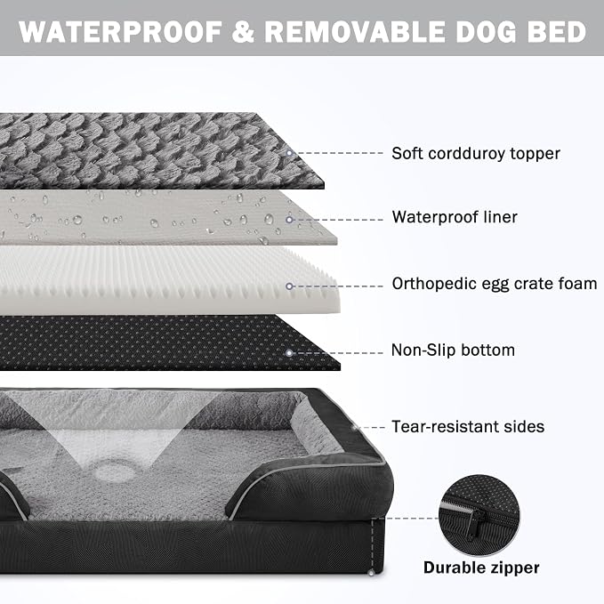 Orthopedic Dog Bed for Large Dogs, Washable Waterproof, Egg-Crate Foam Dog Couch Bed with Washable Removable Cover, Waterproof Lining and Nonskid Bottom