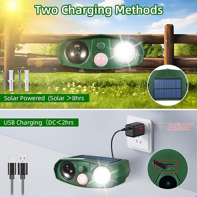 Solar Animal Repellent Outdoor, 4 Pack Ultrasonic Deer Deterrent Devices with Motion Sensor, Garden Deterrent for Cats Squirrels Rabbits Rodents, Waterproof Cat Repellent for Yard