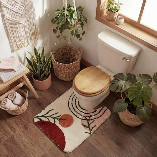 Drydiet Toilet Rug U Shaped Washable Soft and Absorbent Bathroom Rugs Non Slip Bath Mat Machine Wash Bathroom Contour Rug for Toilet Base, 24 x 20 Inch(Boho Color)