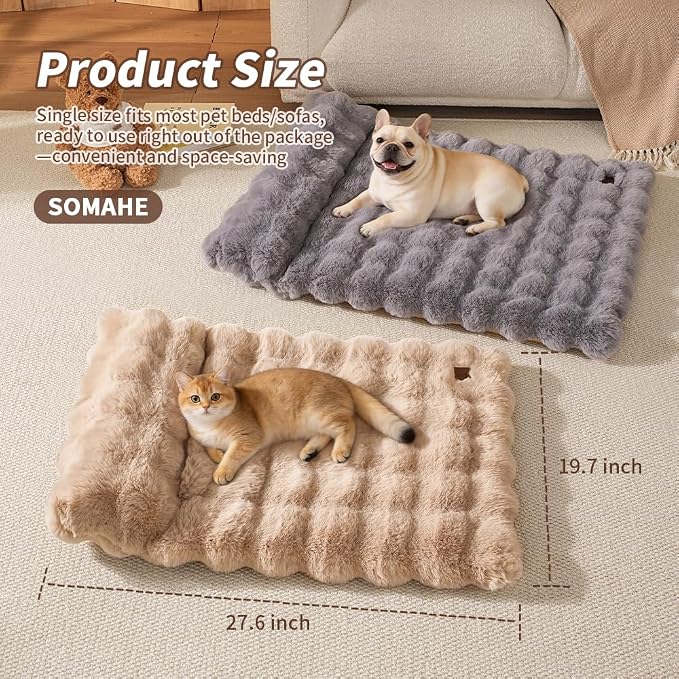 SOMAHE Cat Bed and Small Dog Bed Mat, Raised Pillow, 27 x 20 Inch, Gray | Self-Warming Fuzzy Faux Fur Surface, Soft Plush Pet Sleeping Pad for Indoor Cats, Machine Washable, Non-Slip Bottom
