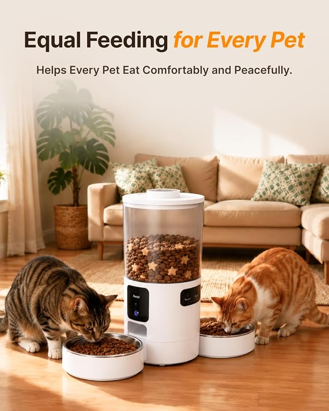 Dual-Camera Automatic Pet Feeder with 2 Bowls, 6L Smart Feeder for 2 Cats | 2K HD Video, App Control, Slow Feed Mode, Up to 20 Meals, 2-Way Audio, Night Vision, iOS/Android, Dry Food Only, White