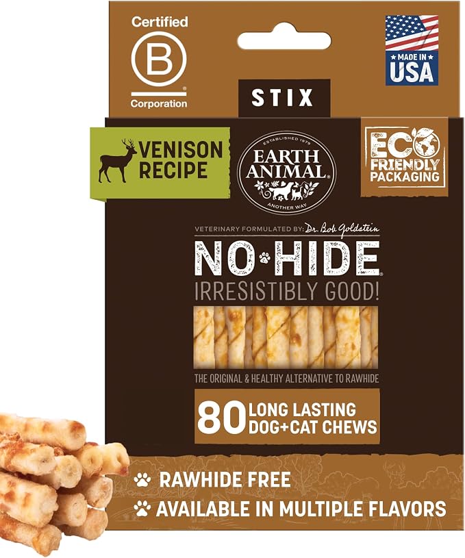 Earth Animal No Hide Stix - Rawhide Free Dog Chews Sticks 80 Count Venison | Small Sticks Venison Flavored Natural Rawhide Free Long Lasting Dog Chews - Pet Treats for Small Dogs and Cats