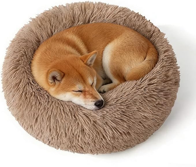 Calming Donut Dog Bed Medium Size Dog - Washable Removable Cover Non-Slip Bottom, Round Pet Bed Cat Bed Warming Fluffy Plush Faux Fur Anti-Anxiety, Fits up to 45 lbs (Camel, 30")