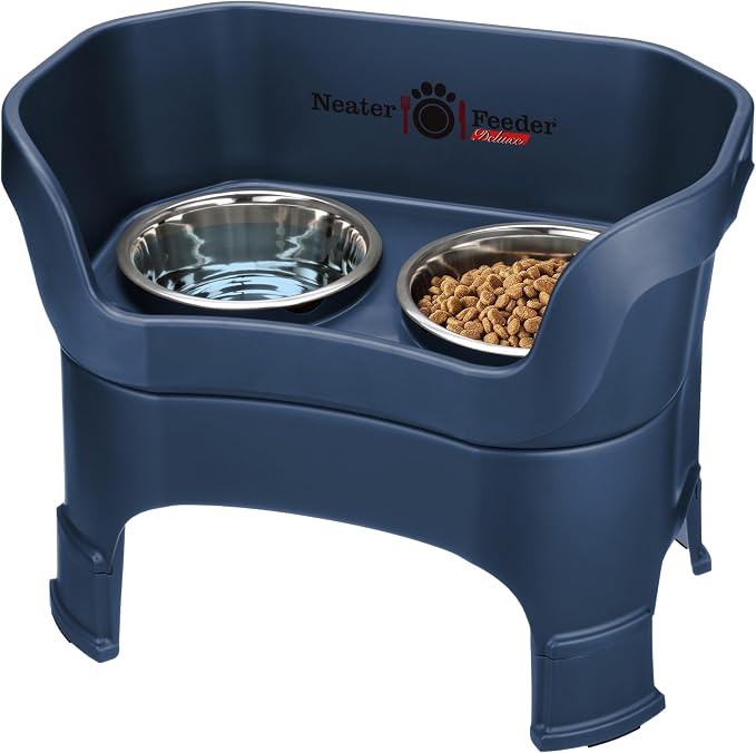 Neater Feeder Deluxe Mess-Proof Elevated Dog Bowls for Large Dogs (40+ lbs), 2 Height Adjustable (14.5” & 17.5”) No-Spill Raised Dog Bowl Stand, Stainless Steel Food Bowl Set, Made in USA, Dark Blue