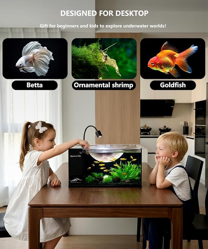 Fish Tank Kit,3.5 Gallon Small Aquarium,Ultra-Clear Nano Aquarium,Betta Fish Tank,Suitable for Small Fish Tank,Aquarium Starter kit,Desktop Fish Tank (Black Background)