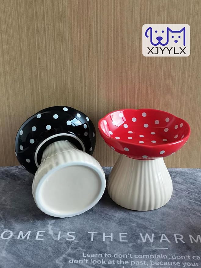 Mushroom Elevated Cat Bowls Ceramic, Cute Cat Bowls Whisker Fatigue | Raised Cat Bowl for Indoor Cats, Raised Dog Bowls Stand for Food and Water, Black 6" Wide for Adult Cats