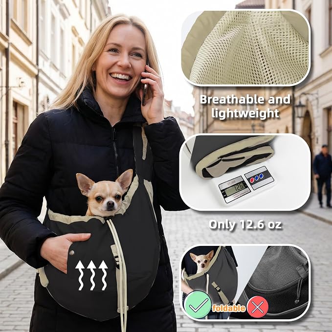 Dog Carrier Sling, Dog Carriers for Small Dogs Up to 20lbs, Black | Puppy Sling, Cross Body Carrying Bag, Soft Front Pouch, Adjustable Shoulder Strap, Breathable Mesh Pet Backpack for Hiking