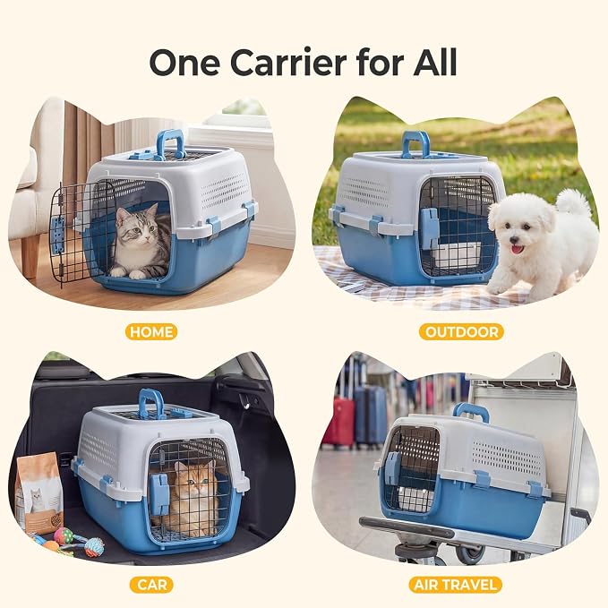 NEWBULIG 23" Hard-Sided Dog Carrier, Plastic Cat & Dog Crate, 4-Sided Ventilation Travel Pet Kennel, Top & Front Door Access, Integrated Food Bowl, for Small Pets up to 22 lbs, Blue