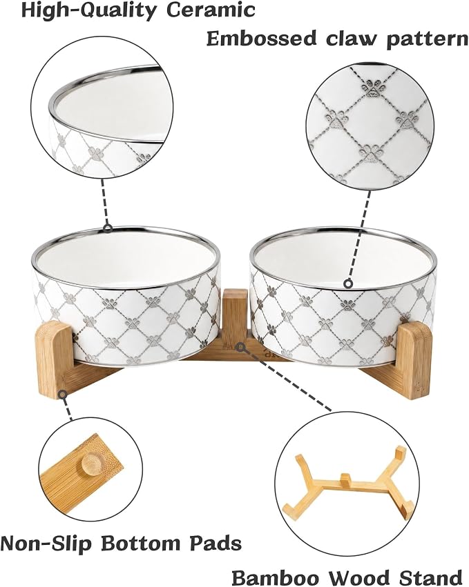 TRUVIC Ceramic Dog Bowl Set of 2 with Wood Stand, Silver Claw Pattern Dog Food and Water Bowl Set, 3.5 Cup/28 oz Puppy Food Bowls for Medium Dogs, Dishwasher Safe