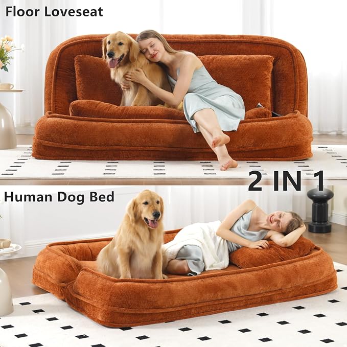 Foldable Lazy Sofa Bed, Double Human Dog Bed for Adults, Orange | Skin-friendly Breathable Soft Chenille Upholstered, 5 Adjustable Backrest Positions, 3 Soft Cushions for Living Room