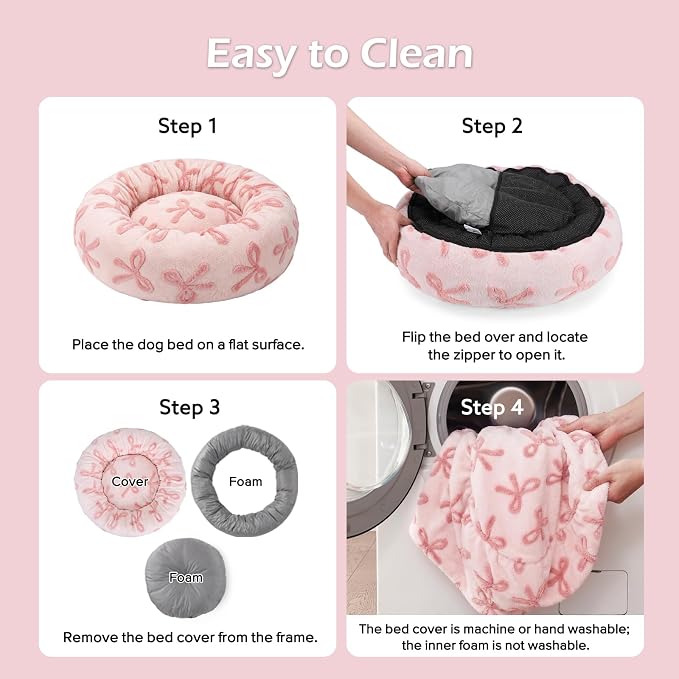 JOEJOY Jacquard Donut Round Dog Beds Large Sized Dog,Pink 36x36x8in, Removable Washable Cover, Cute Pattern, Ultra Soft Fluffy Calming Pet Bed with Thick Supportive Bolster