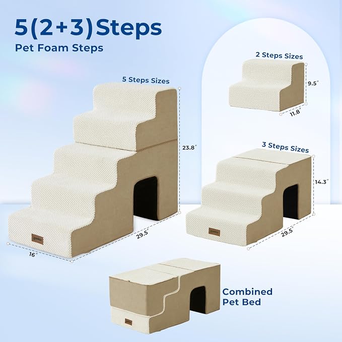 ZOMISIA Dog Stairs for Large Dogs with Tunnel, 24" H 5 Steps for High Bed | Tunnel 2 in 1 with Zippers, Suitable for Puppy and Older Cats for couch, Non-Slip Durable Dog Steps with High-Density Foam
