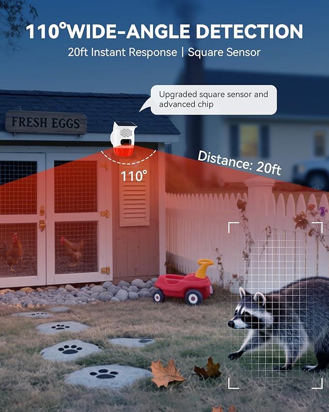 2-Pack Solar Motion Sensor Alarm - Custom Voice Upload, Deer & Raccoon Deterrent, Motion Activated Voice Player & Strobe Light, IP65 for Chicken Coop, Pool Gate, Garage, Farm Protection