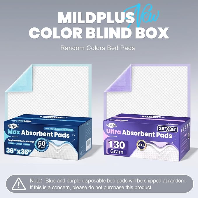 MILDPLUS Heavy Duty Underpad 36''x36'' (Blue or Purple) | 125 Grams, Extra Large Chucks Pads, Disposable Bed Pads, Super Absorbent Incontinence Pads for Adults, Kids, Pee Pads