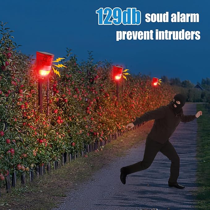 Qualirey Lot de 6 capteurs de mouvement solaires avec alarme sonore et lumineuse 129 dB Sirène de sécurité extérieure étanche Détecteur de mouvement activé Alarme 6 LED Système stroboscopique clignotant pour la maison, la ferme (rouge)