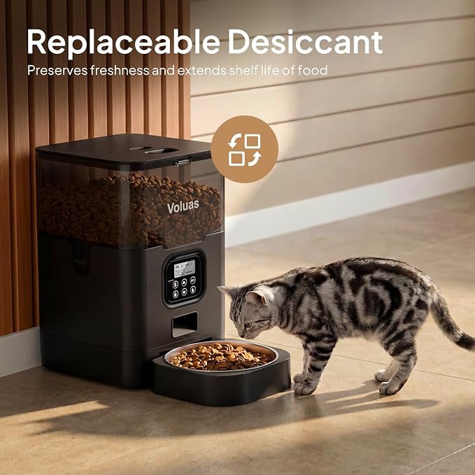 VOLUAS Automatic Cat Feeder, 4L Timed Dry Food Dispenser for Cats & Dogs | Programmable Portion Control, Up to 4 Meals Daily, Dual Power Supply, Power-Off Memory, 10-Second Voice Recorder