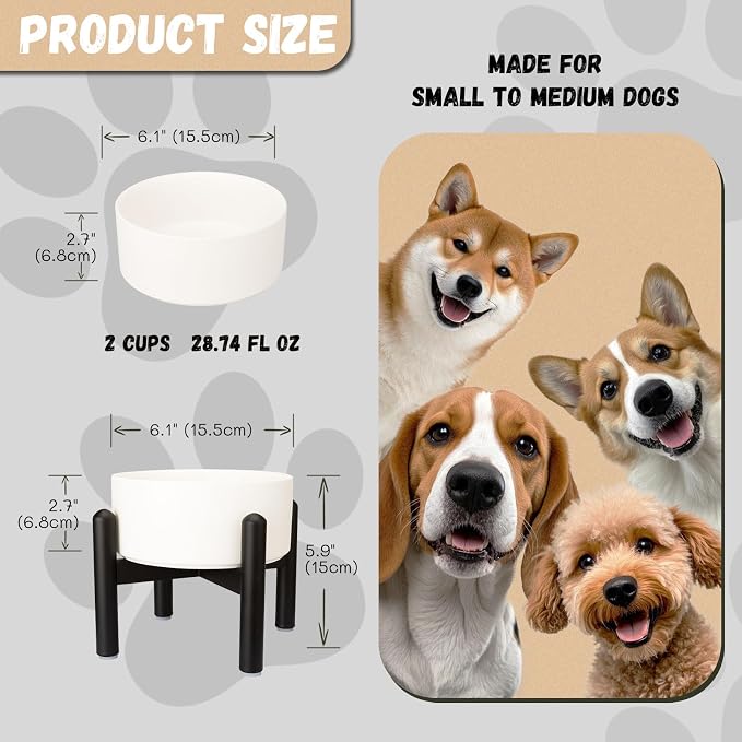 Raised Ceramic Dog Bowl Set with Stand, 2 Cups Elevated Dog Food Stand | 6.1'' Single Dog Food or Water Bowl Set, Non-Slip Dog Feeding Dishes for Small to Medium Breeds, 28.75 OZ, White