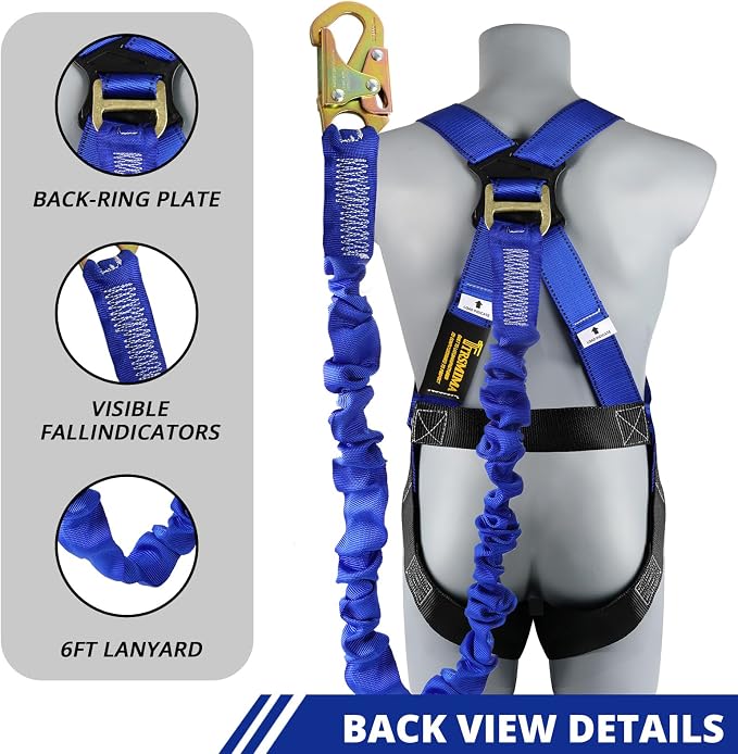 TRSMIMA Safety Harness Fall Protection - Full Body Construction Roofing Harness Kit Attached 6 ft Lanyard ANSI | Full Body Construction Safety Harnesses Roofing Attached 6 ft Lanyard ANSI