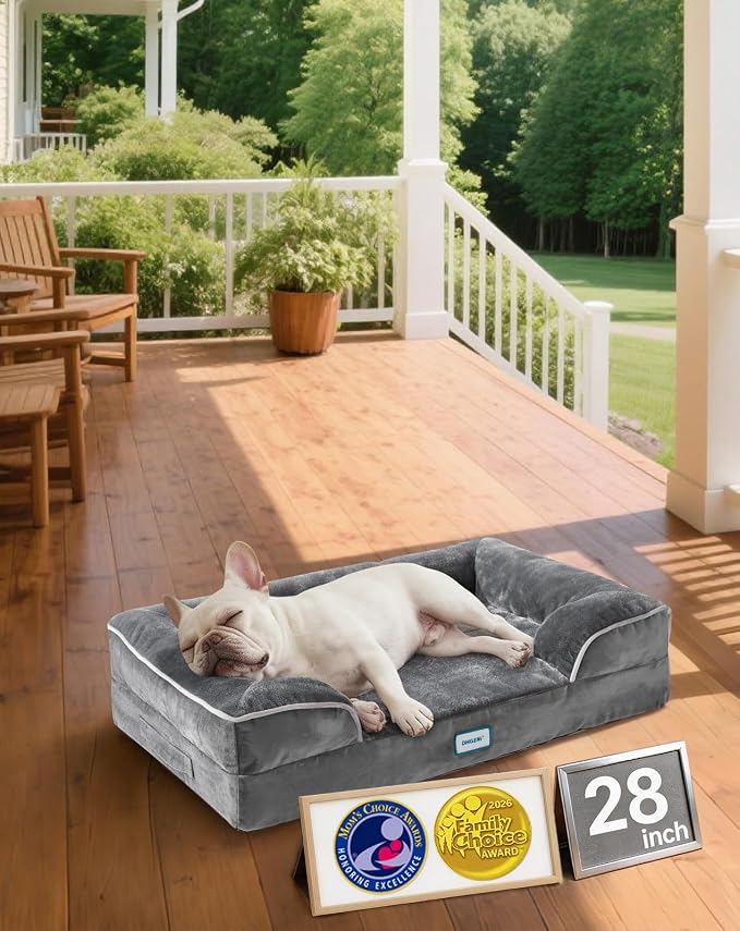 OhGeni Orthopedic Medium Dog Bed Couch Sofa, Memory Foam, 28-inch (Gray) | Waterproof Pet Bed with Machine-Washable Removable Cover & Soft Comfortable Fabric