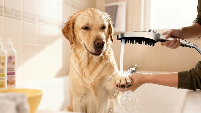 G-Promise 3 Mode Dog Shower Attachment with Pause Mode | High Pressure, Built-In Brush for Wash & Groom, Extra Long Hose, Easy Install, for Indoor & Outdoor Use