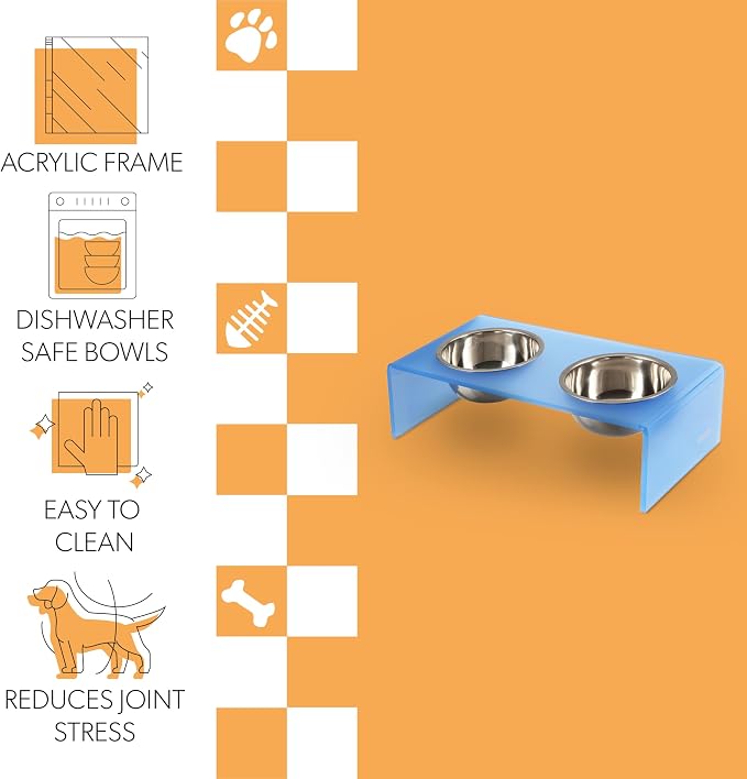 DBL2000C Keaton 5" Small/Medium Modern Acrylic Rectangular Elevated Pet Feeder with 20oz 2-Stainless Steel Bowls, Blue/Chrome