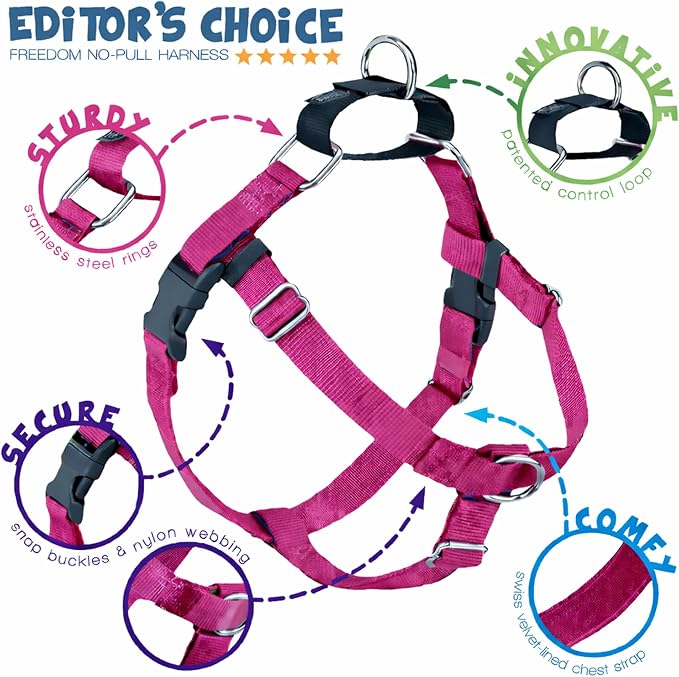 2 Hounds Design Freedom No Pull Dog Harness, 5/8 inch MD, Raspberry | Discourages Pulling, Comfortable Control Adjustable Dog Harness for Medium Sized Dogs, Made in USA (Leash Not Included)